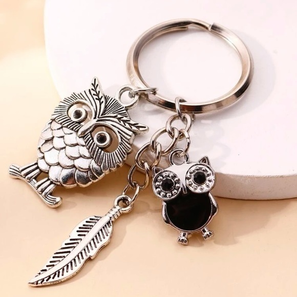 Accessories - Cute Owl and Feather Charm Keychain Coulpe Rhinestone Silver Plated Gift